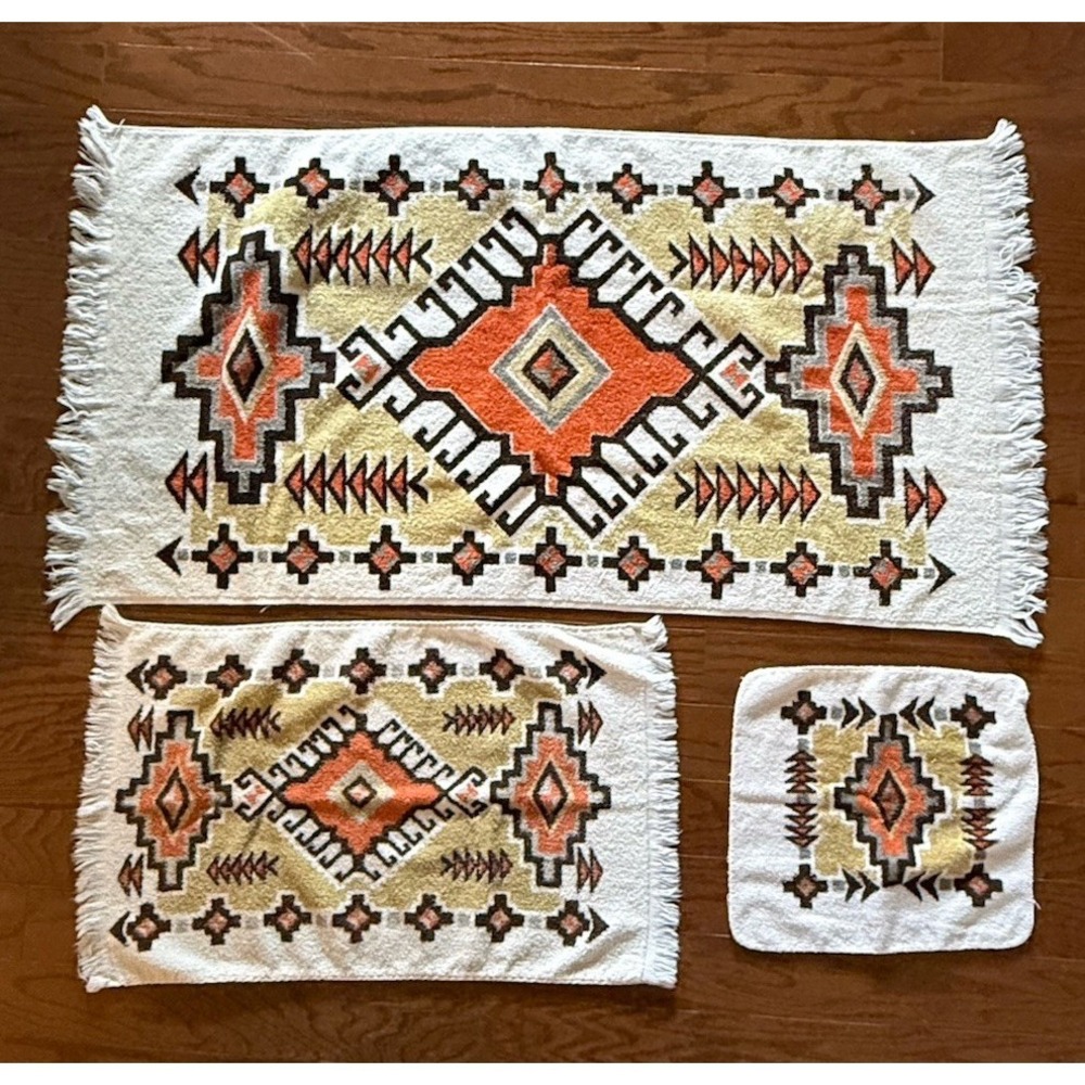 Vintage Cannon Orange Tribal Aztec Southwest 3 Pc Hand Bath Wash Towel Set